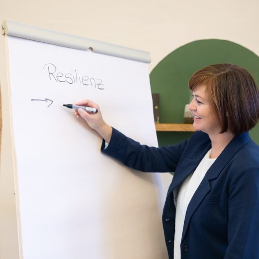 Porträtfoto Birgit Gebauer (Eva Korn) Frau schreibt auf ein Flipchart das Wort „Resilienz“, Investition, Stressmanagement